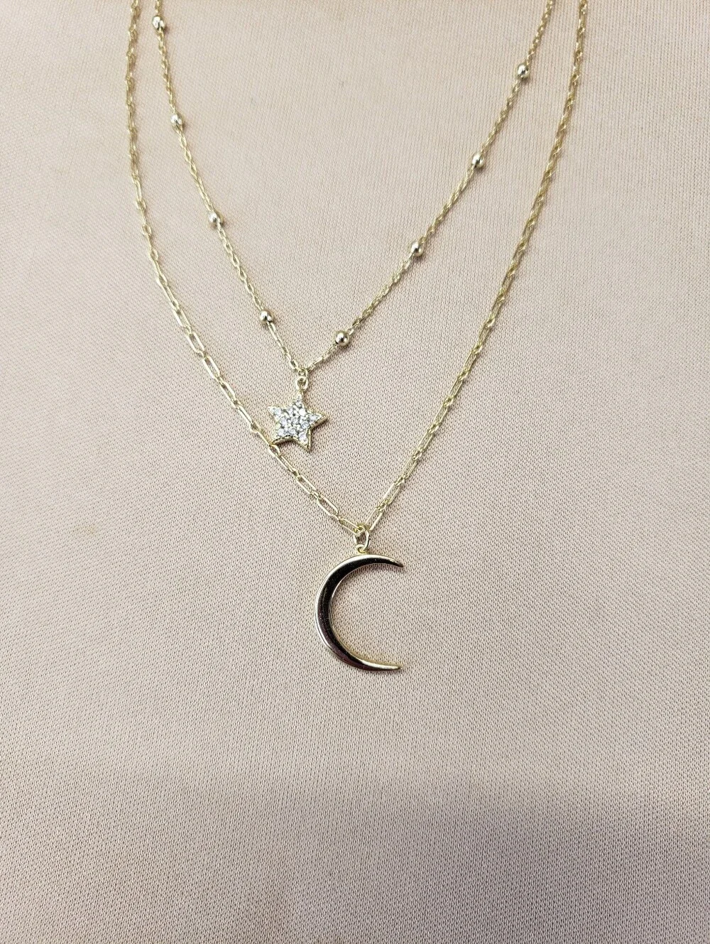 Sterling Silver Vermeil Double Strand Star with CZs and Crescent Moon Necklace